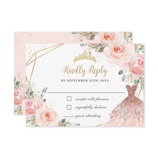 Elegant Blush Floral Princess Gown Quinceañera  RSVP Card