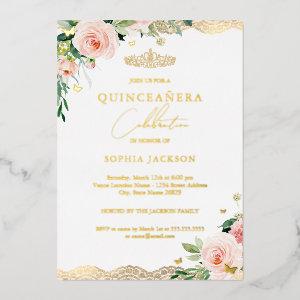 Elegant Blush Gold Floral Lace Photo Quinceanera  Foil