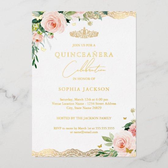 Elegant Blush Gold Floral Lace Photo Quinceanera  Foil