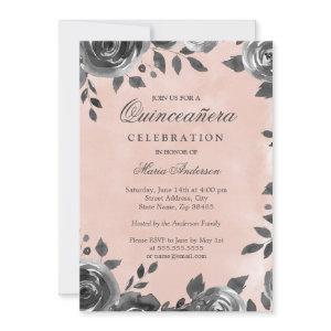 Elegant Blush & Gray Watercolor Quinceanera Invite