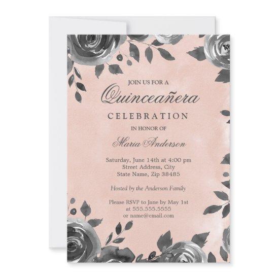 Elegant Blush & Gray Watercolor Quinceanera Invite