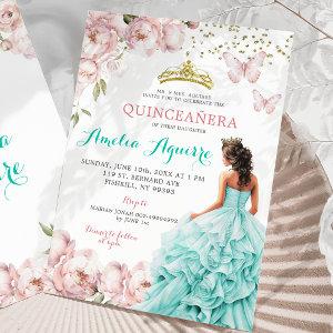 Elegant Blush Pink and Teal Floral Quinceañera