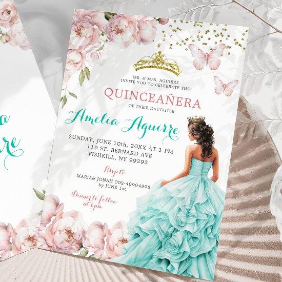 Elegant Blush Pink and Teal Floral Quinceañera