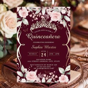 Elegant Blush Pink Burgundy Rose Gold Quinceanera  Foil
