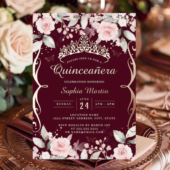 Elegant Blush Pink Burgundy Rose Gold Quinceanera  Foil
