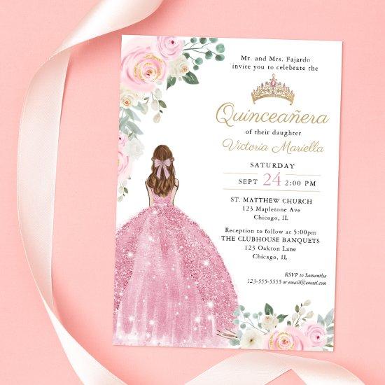 Elegant blush pink floral gold Quinceañera 15th