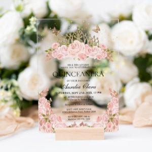 Elegant Blush Pink Floral Gold Tiara Quinceanera Acrylic