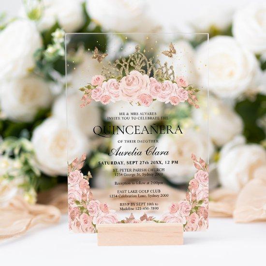Elegant Blush Pink Floral Gold Tiara Quinceanera Acrylic