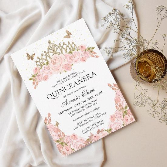 Elegant Blush Pink Floral Gold Tiara Quinceanera