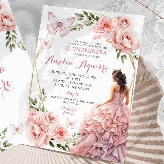 Elegant Blush Pink Floral Mexican Quinceañera