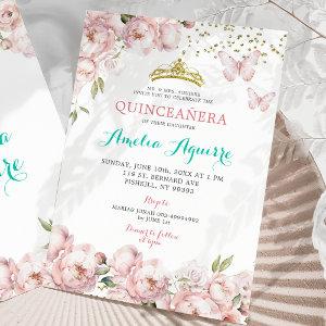 Elegant Blush Pink Floral Mexican Quinceañera
