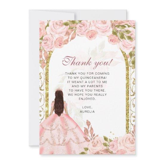 Elegant Blush Pink Floral Photo Quinceañera Thank You Card