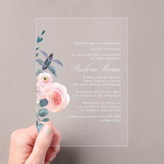 Elegant Blush Pink Floral Quinceañera Acrylic