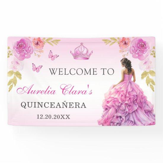 Elegant Blush Pink Floral Quinceañera Birthday Banner