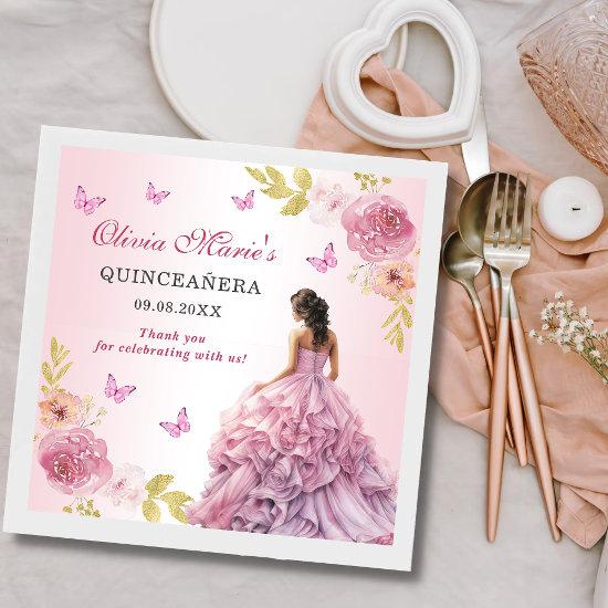 Elegant Blush Pink Floral Quinceañera Birthday Napkins