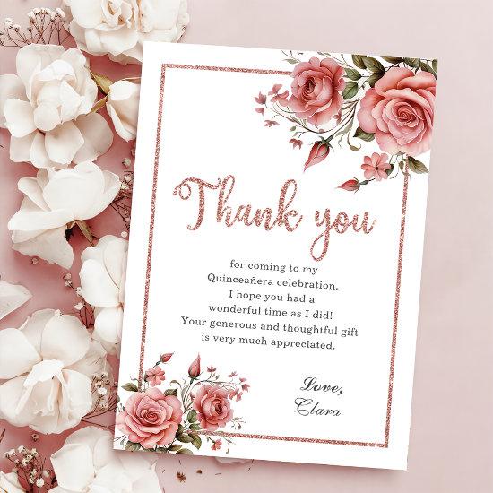 Elegant Blush Pink Floral Quinceañera Birthday Thank You Card