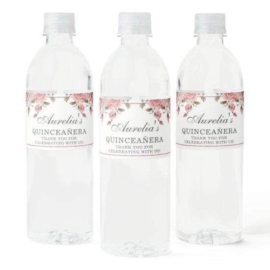 Elegant Blush Pink Floral Quinceañera Birthday Water Bottle Label