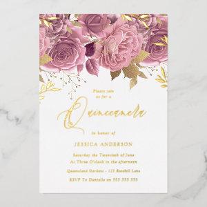 Elegant Blush Pink Floral Quinceanera Party Gold Foil