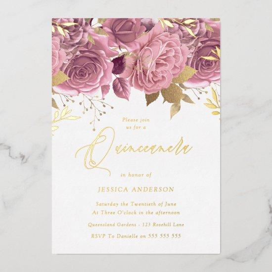 Elegant Blush Pink Floral Quinceanera Party Gold Foil
