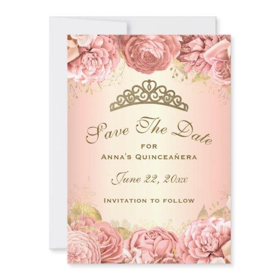 Elegant Blush Pink Floral Quinceanera Save The Date