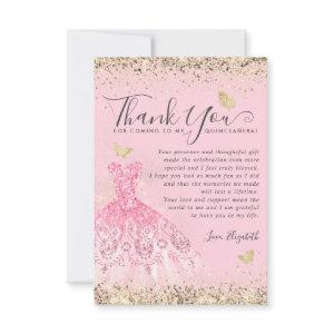 Elegant Blush Pink Gold Glitter Dress Quinceanera Thank You Card