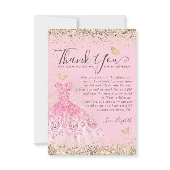 Elegant Blush Pink Gold Glitter Dress Quinceanera Thank You Card