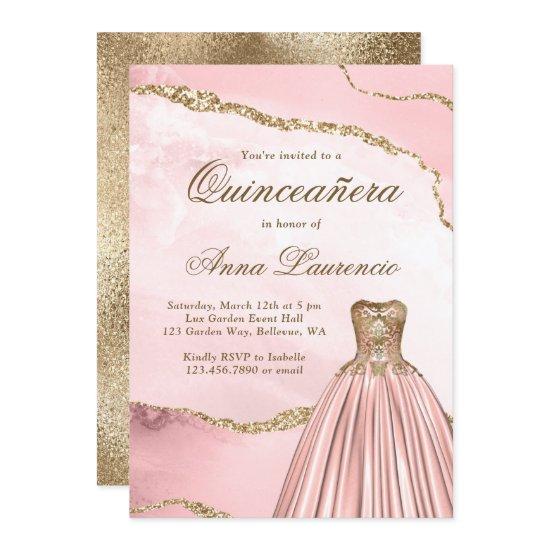 Elegant Blush Pink Gold Marble Agate Quinceanera