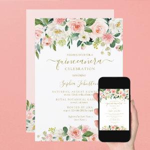 Elegant Blush Pink Green Gold Floral Quinceañera