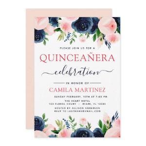 Elegant Blush Pink Navy Blue Floral Quinceanera