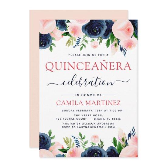 Elegant Blush Pink Navy Blue Floral Quinceanera