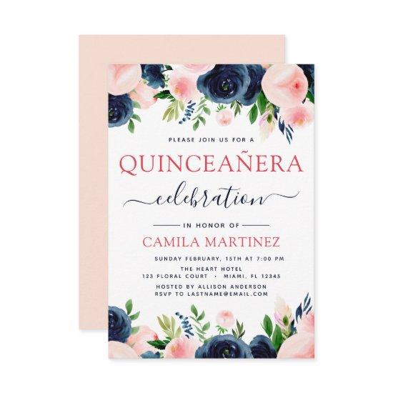 Elegant Blush Pink Navy Blue Floral Quinceanera
