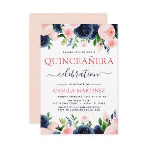 Elegant Blush Pink Navy Blue Floral Quinceanera
