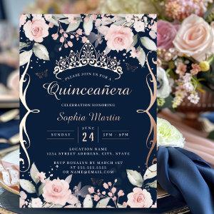 Elegant Blush Pink Navy Rose Gold Quinceanera  Foil