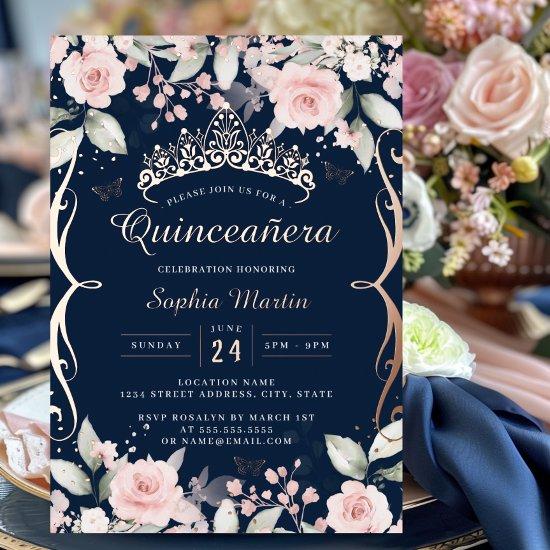 Elegant Blush Pink Navy Rose Gold Quinceanera  Foil
