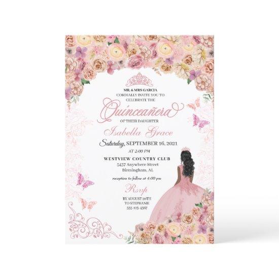 Elegant Blush Pink Peach Floral Quinceanera