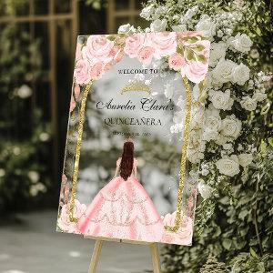 Elegant Blush Pink Princess Floral Quinceañera Acrylic Sign