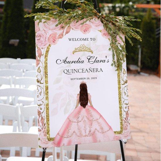 Elegant Blush Pink Princess Floral Quinceañera Poster