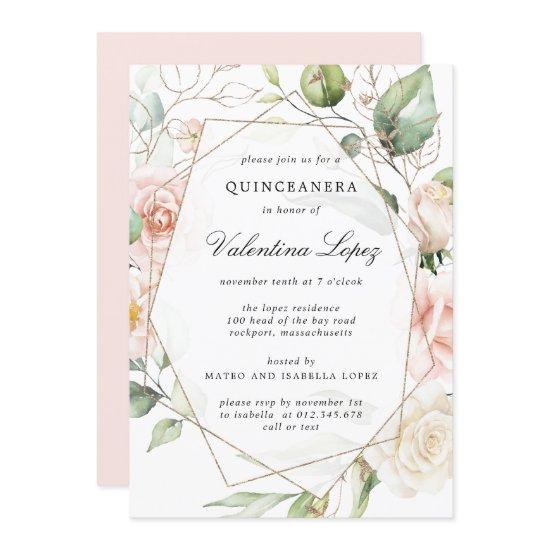 Elegant Blush Pink Rose Floral Quinceanera