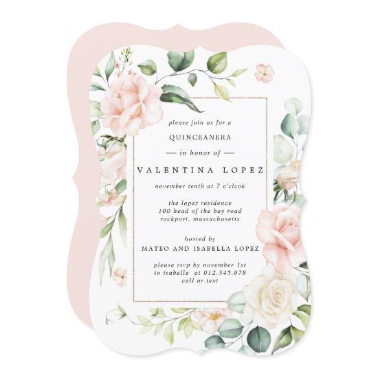 Elegant Blush Pink Rose Floral Quinceanera