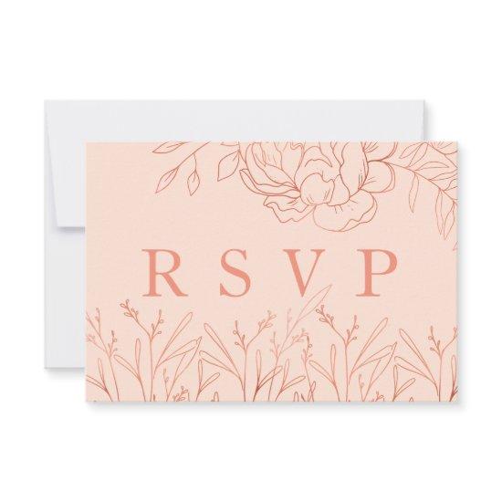 Elegant Blush Pink Rose Gold Sketched Flowers RSVP Card