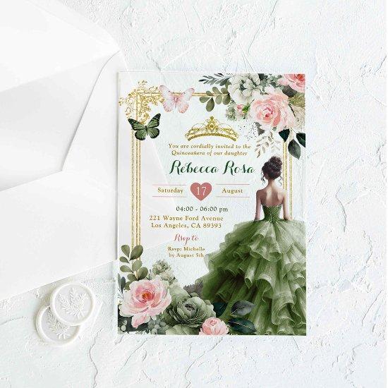 Elegant Blush Pink Sage Green Quinceañera Acrylic
