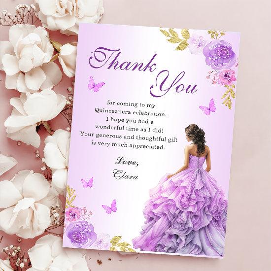 Elegant Blush Purple Floral Quinceañera Birthday Thank You Card