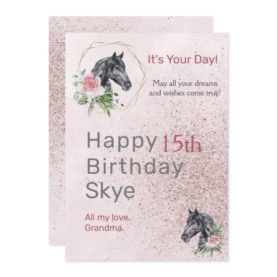 Elegant Blush Rose Floral Black Horse Geometric