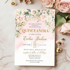 Elegant boho blush floral gold glitter Quinceañera