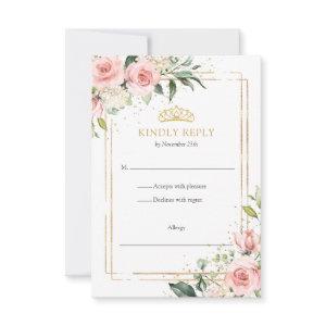 Elegant boho blush floral gold tiara Quinceanera  RSVP Card