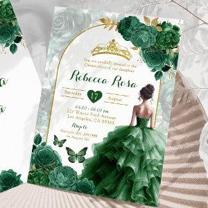 Elegant Boho Emerald Green Floral Quinceañera
