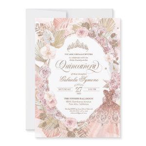 Elegant Boho Pink Dried Floral Roses Quinceanera