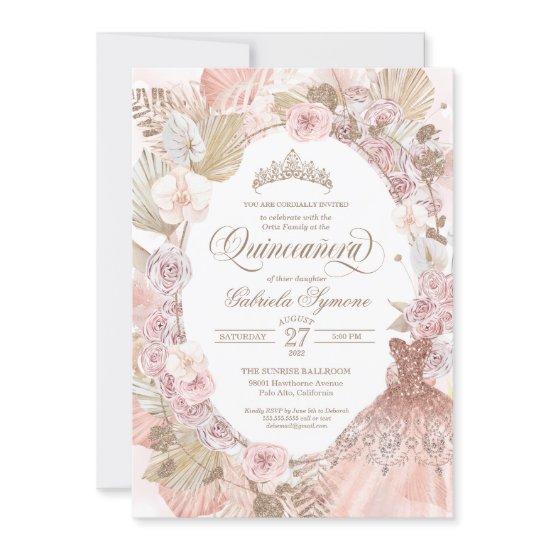 Elegant Boho Pink Dried Floral Roses Quinceanera