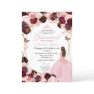 Elegant Burgundy Blush Pink Floral Quinceanera Inv