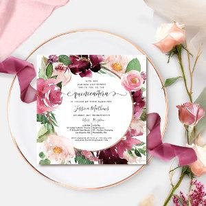 Elegant Burgundy Blush Pink Floral Quinceanera